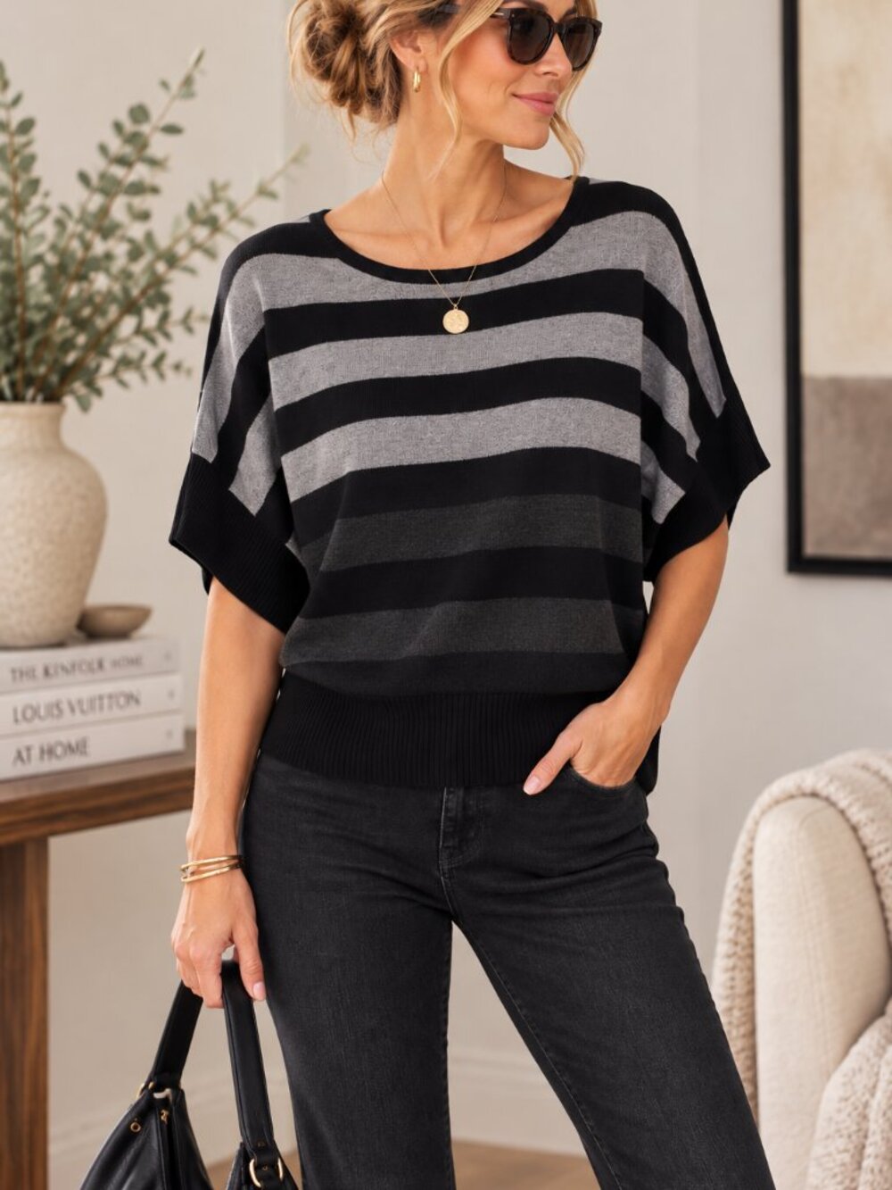 Cable & Gauge Women Black Gray Striped Sweater Dolman Batwing Sleeve Knit Top M